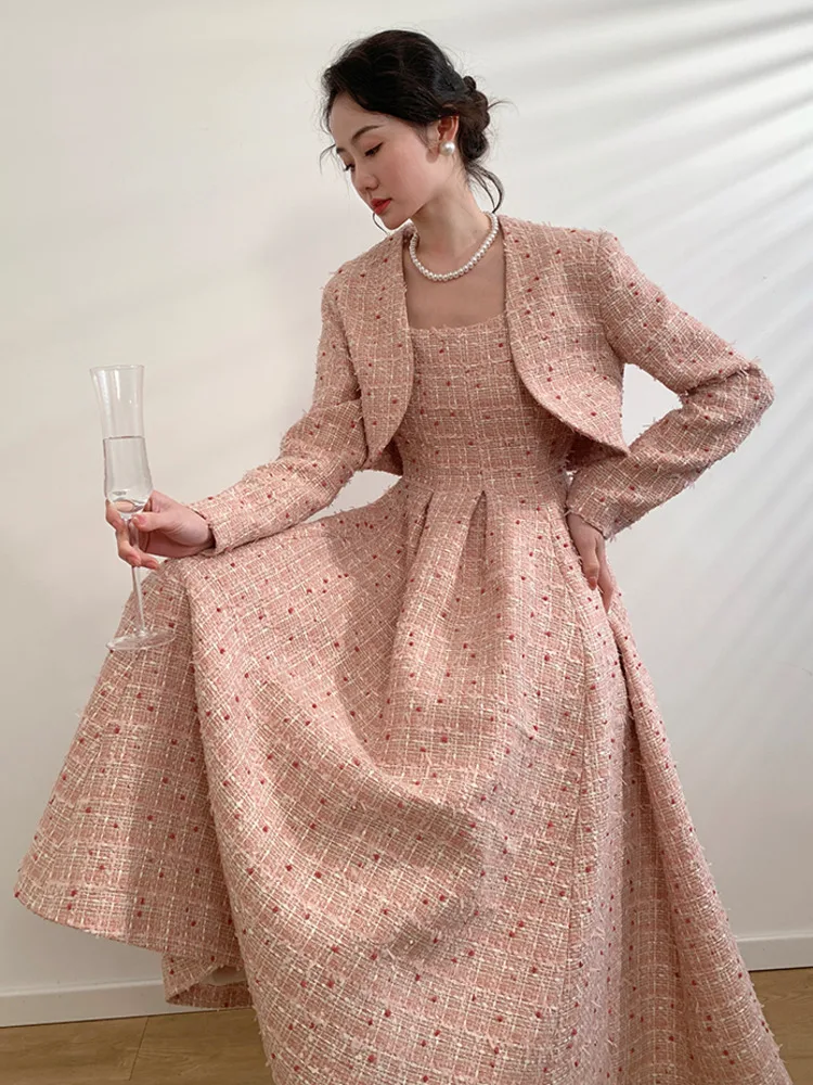 

Женский твидовый комплект из двух предметов, элегантный короткий пиджак и длинное платье во французском стиле на осень и зиму