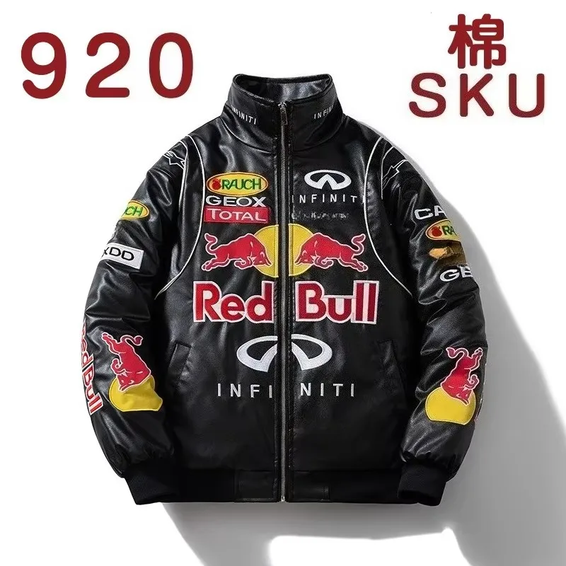 

Кожаное пальто с вышивкой Red Bull, мотоциклетное пальто с воротником-стойкой, осенне-зимняя кожаная куртка, мотоциклетный тренд