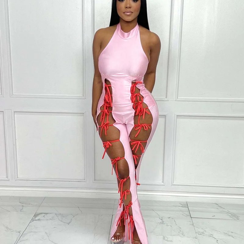 Sexy Halter Hollow Out Bandage Jumpsuit Women Playsuits Summer Sleeveless Backless Night Party Rompers Bodycon Birthday Outfits