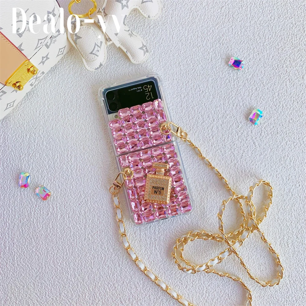 

Прозрачный Женский чехол для телефона с длинной цепочкой и флипом для Samsung Galaxy ZFlip, сумка через плечо для телефона Z Flip3, роскошный дизайн