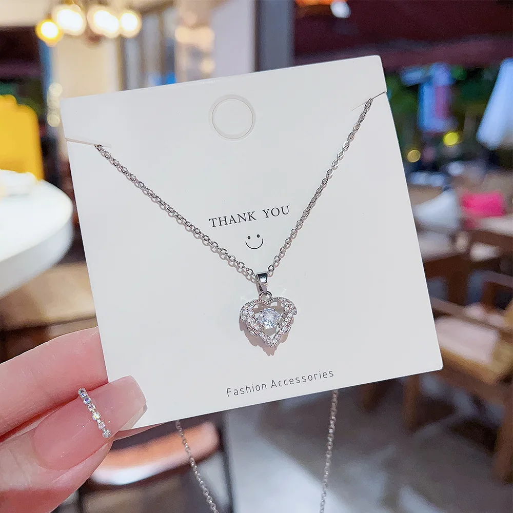 

Light Luxury Colorfast Silver Rhinestone Hollow Love Heart Charms Pendant Titanium Steel Necklace Women's Neckchain Collar Chain