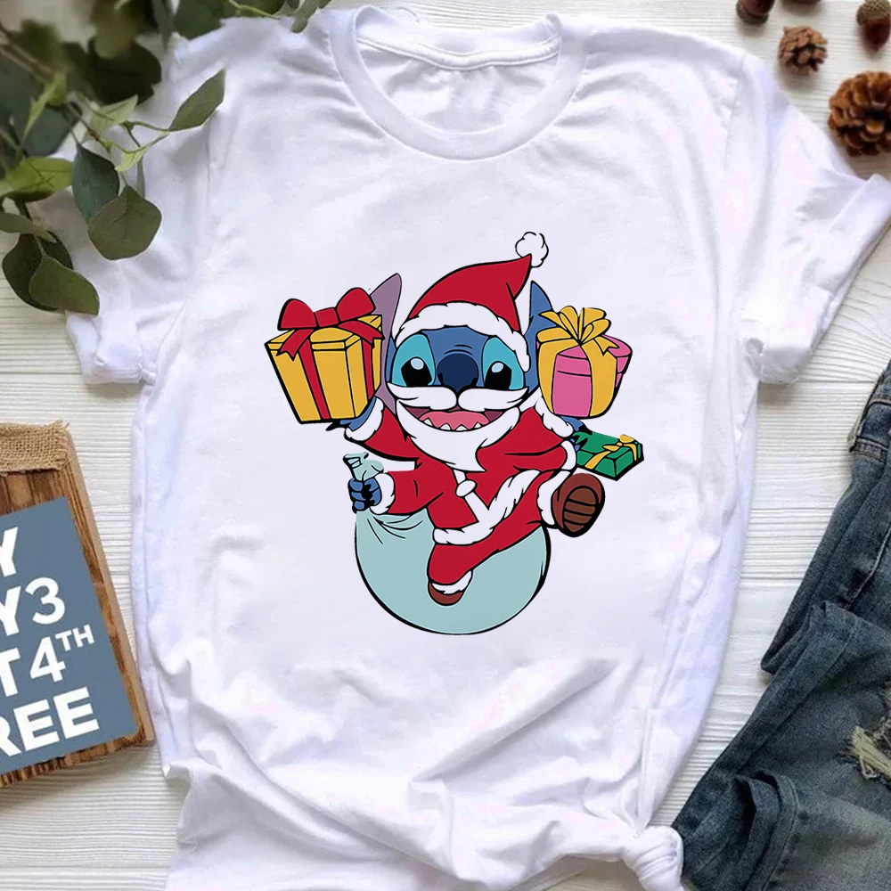 

Disney Merry Christmas T-shirt Womens Cute Funny Santa Claus Stitch Print Camiseta Mujer European Style Fashion Xmas Tops Tee