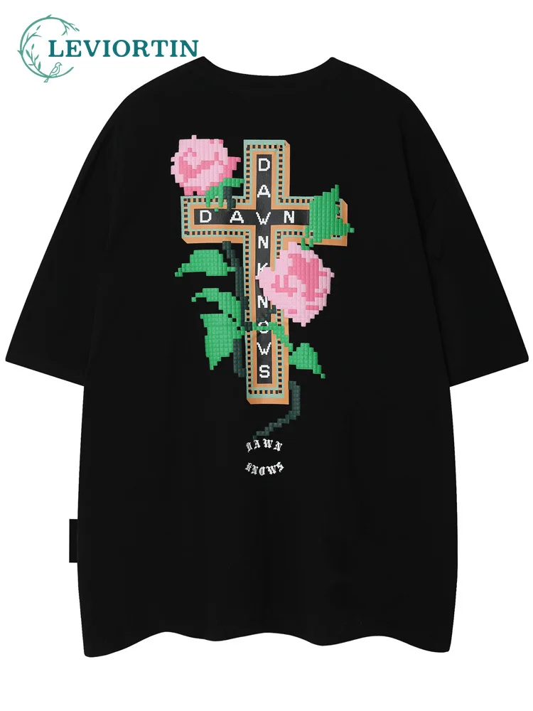 

Hip Hop Streetwear foam rose T Shirt Heart Cross GraphicT-Shirt 2022 Men Summer Short Sleeve Tops Tshirt Harajuku Cotton