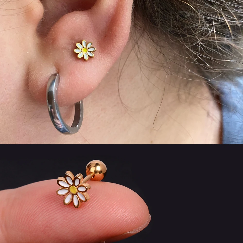 

1Pcs Mini Stainless Steel Ear Tragus Cartilage Helix Small Tiny Piercing Daisy Star Cross Enamel Screw Back Bar Studs Earring