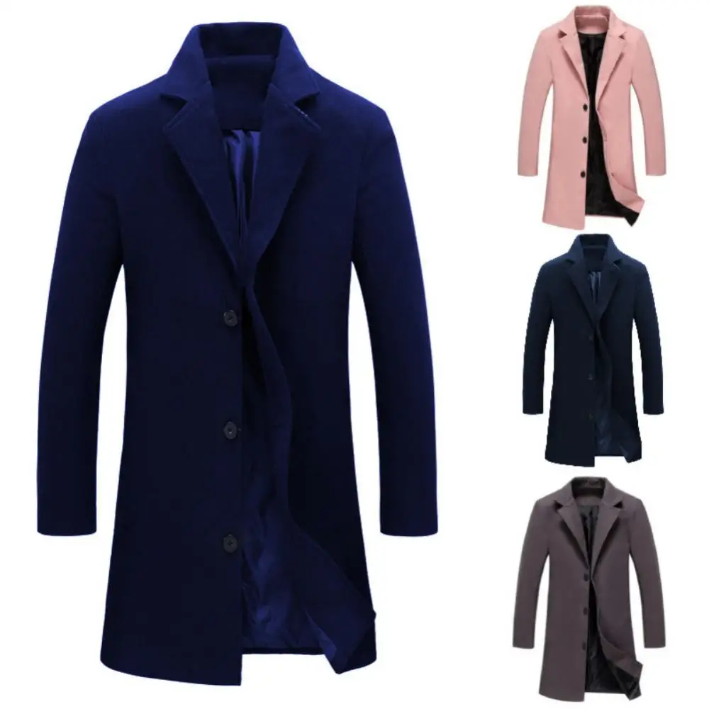 

Men Winter Long Jacket Fashion Solid Color Woolen Coat Single Breasted Overcoat