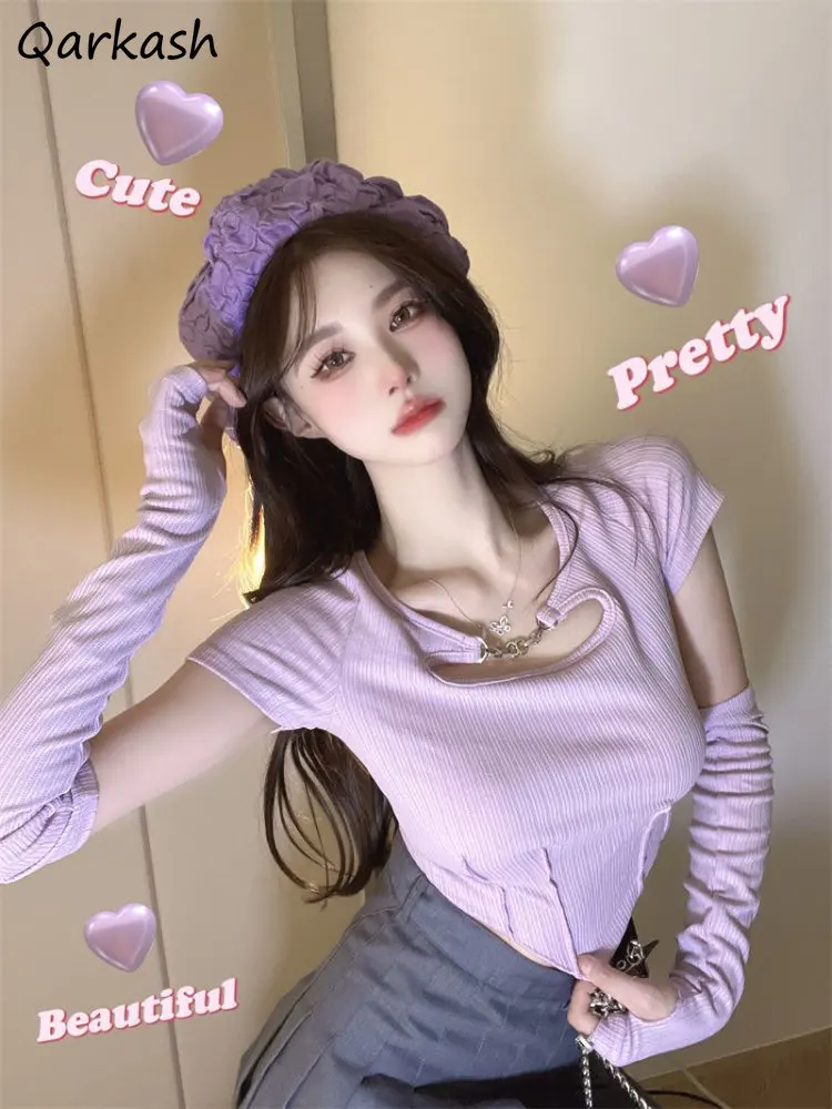 Футболка женская летняя фиолетовая с коротким рукавом, пикантная уличная одежда в Корейском стиле, повседневный облегающий топ с цепочкой, Y2k Футболка женская летняя фиолетовая с коротким рукавом, пикантная уличная одежда в Корейском стиле, повседневный облегающий топ с цепочкой, Y2k