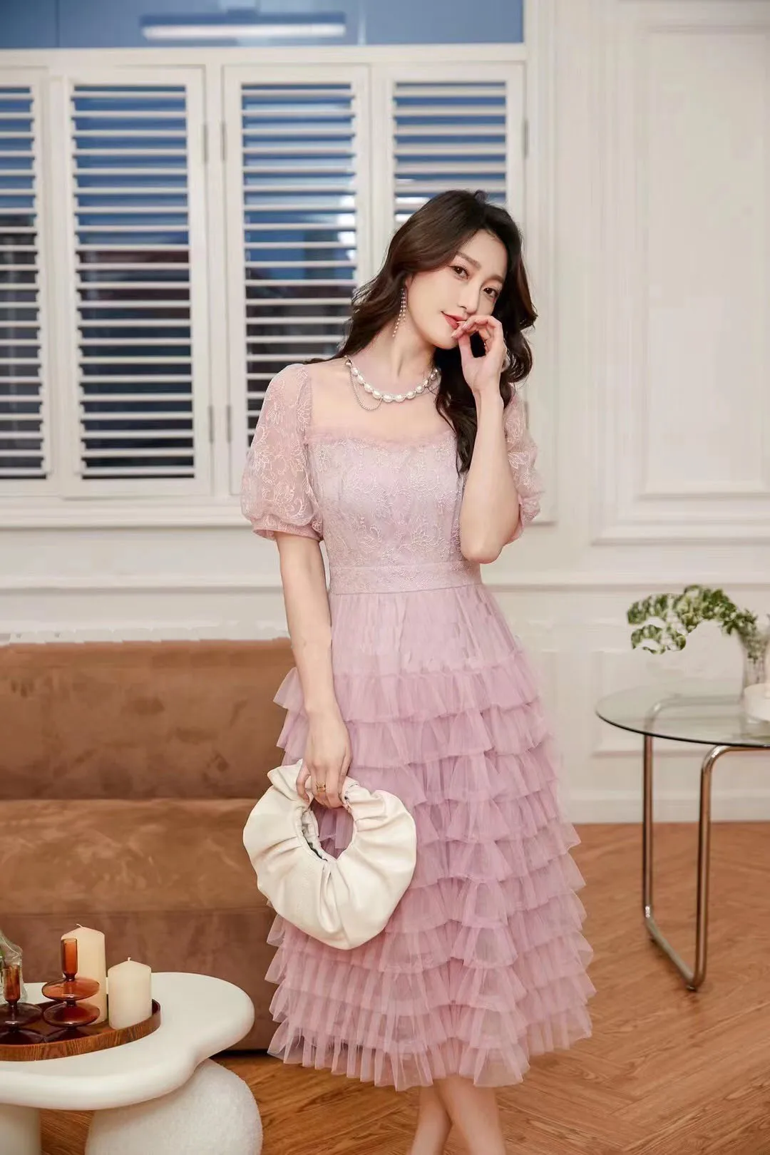 Женское дизайнерское платье с пышными рукавами элегантное Сетчатое кружевное