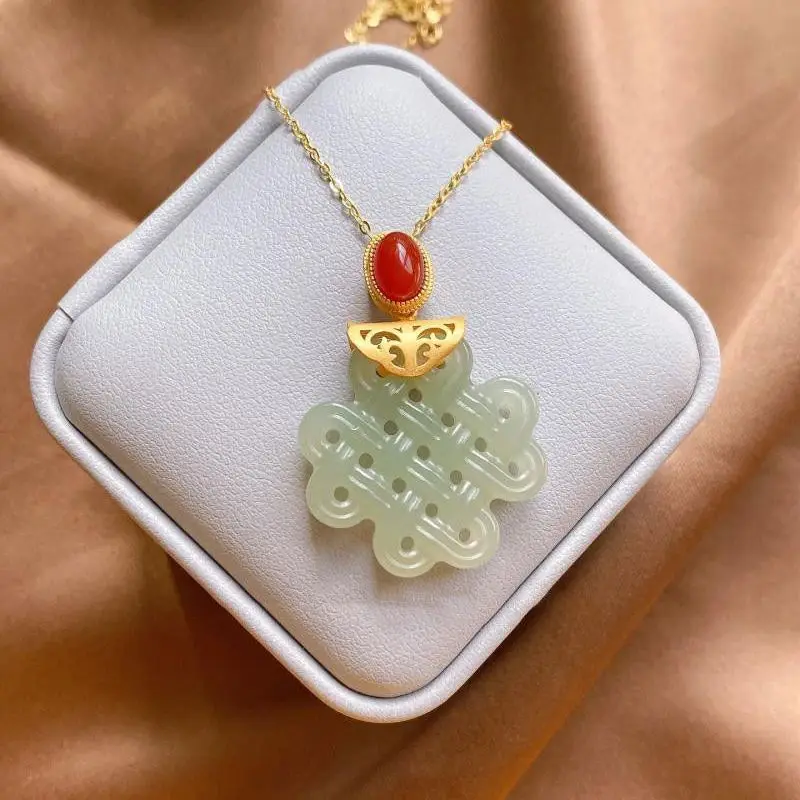 

silver inlaid natural chalcedony Chinese Knot Pendant Necklace light luxury classic unique sand gold craft charm women's jewelry