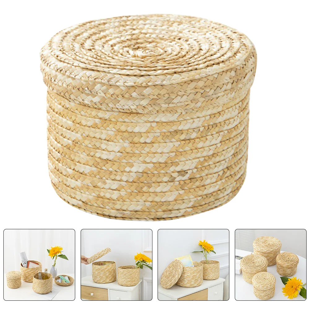 

Storage Basket Straw Bin Woven Wheathandwoven Organizer Desktop Small Round Baske Home Box Kids Holder Crochet Wicker Shelf