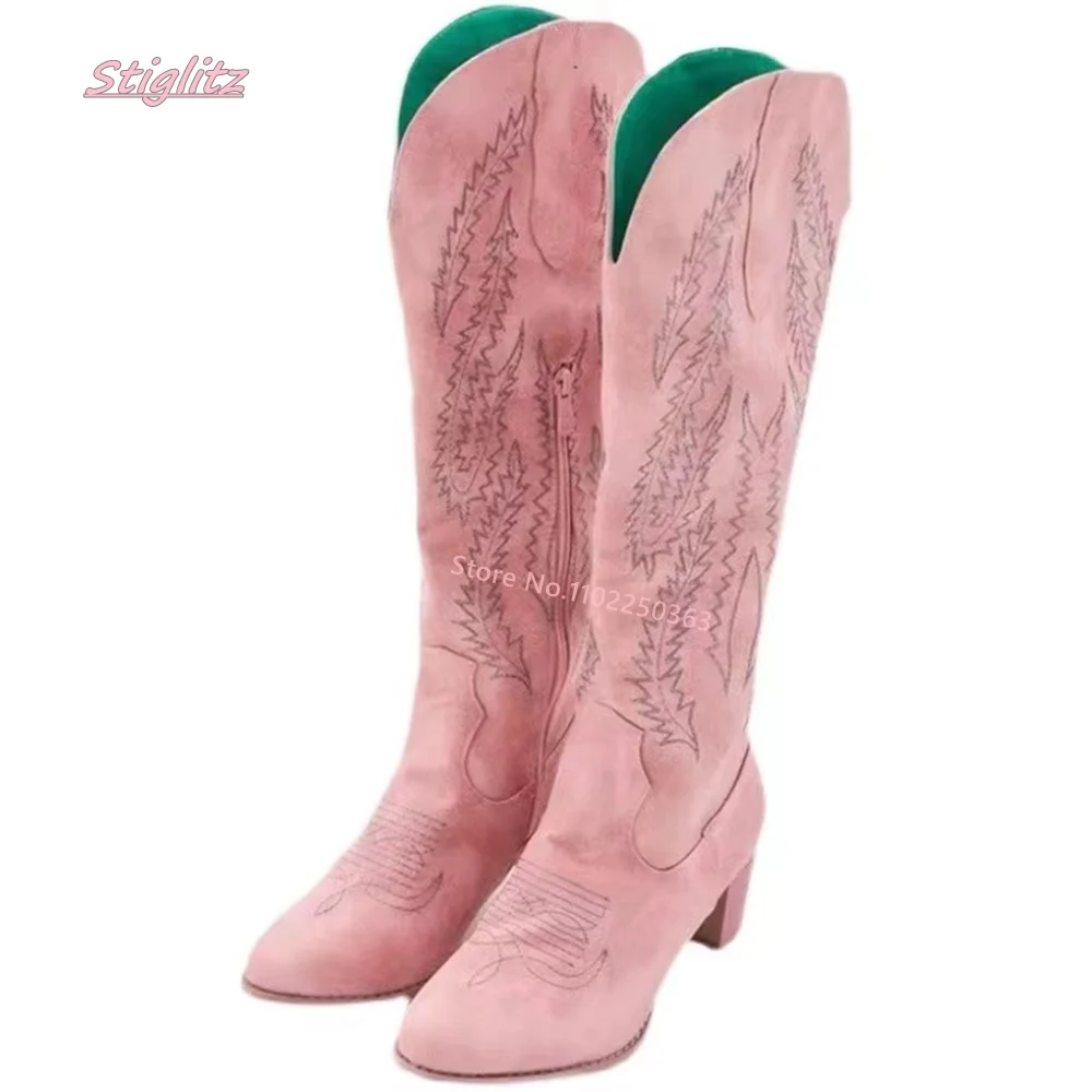 Pink Western Cowboy Boots 2022 New Arrival Women's Leather Round Toe Low Chunky Heel Side Zipper Retro Hollow Novelty Shoes