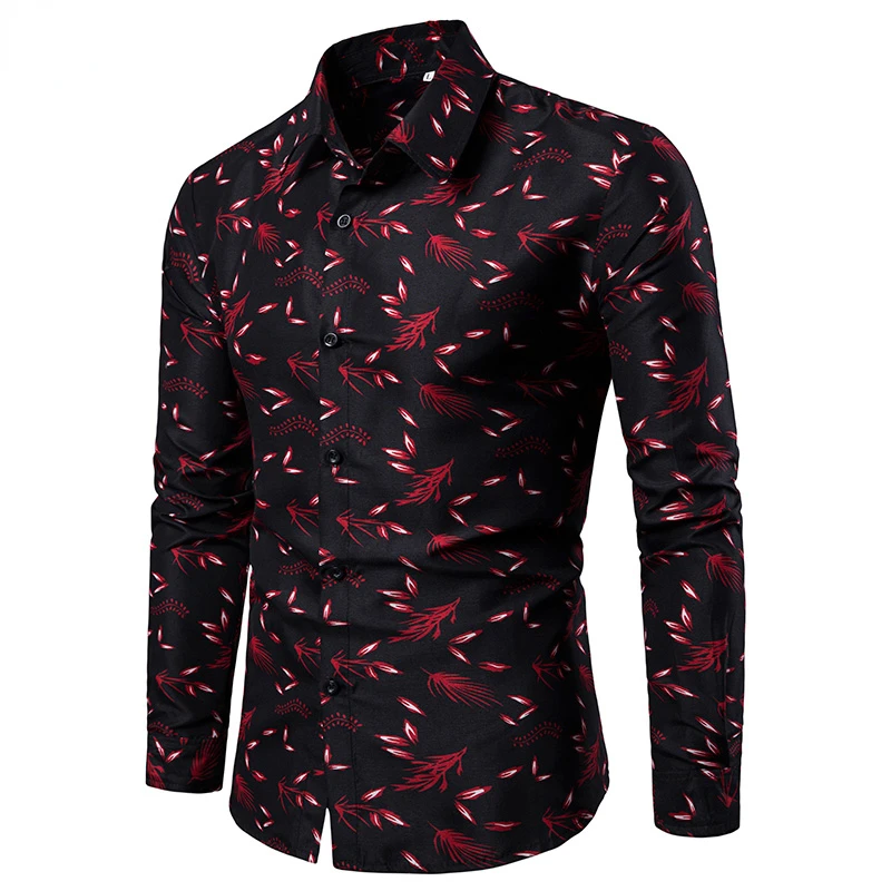 

2022NEW New Men's Printed Shirts Male Slim Fit Long Sleeve Men Red Black Floral Print Casual tops Plus Size M-4XL