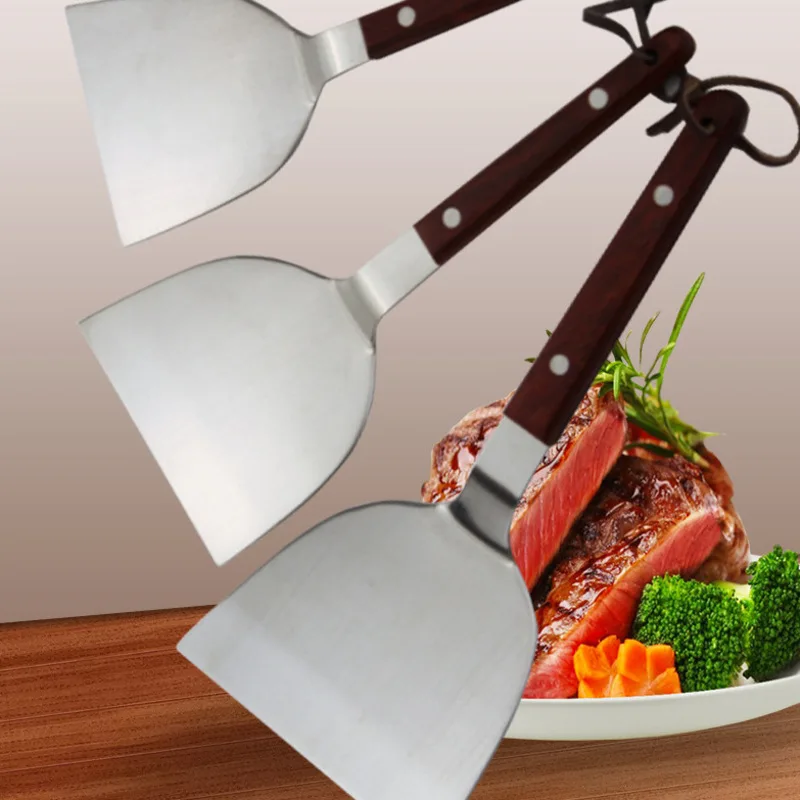 

3PCS Stainless Steel Cooking Spatula Wooden Handle Steak Sizzling Spatula Household Metal Pancake Household Kitchenware Set