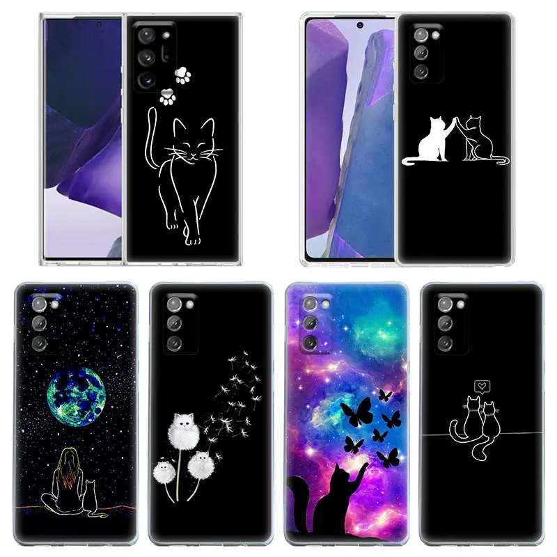 

Funny Cat Cartoon Black Line Cat Case For Samsung Note 20 Ultra 10 Plus Cover Galaxy A50 A70s A40 A30S A20E A03 A04 Clear Cover