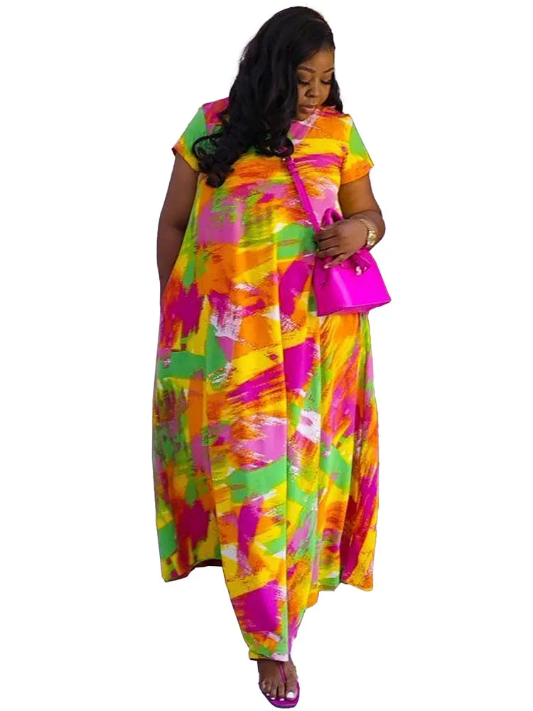 

Женское длинное платье с принтом, V-образным вырезом и коротким рукавом