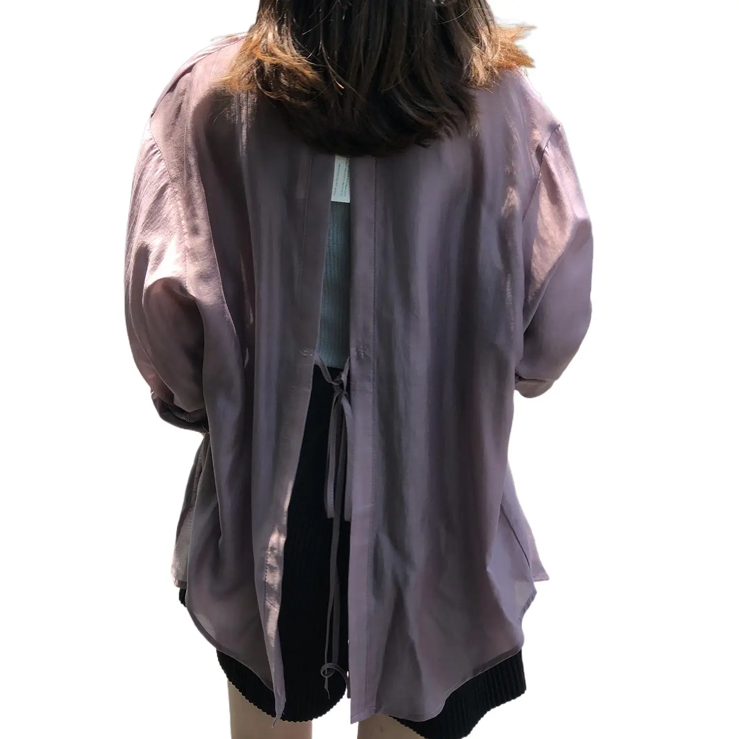 

Spring New Rayon Turn-down Collar Split Back Lace-up Shirts Long Sleeves Loose Casual Clothes Lightweight Temperament Coats