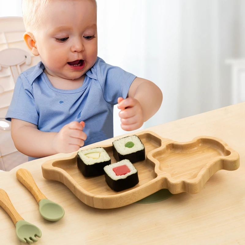 

Baby Feeding Tray Suction Tray Bottom Spoon Fork Bamboo And Wood Tray Bpa Free Feeding Supplies Food Tray 4-piece Set