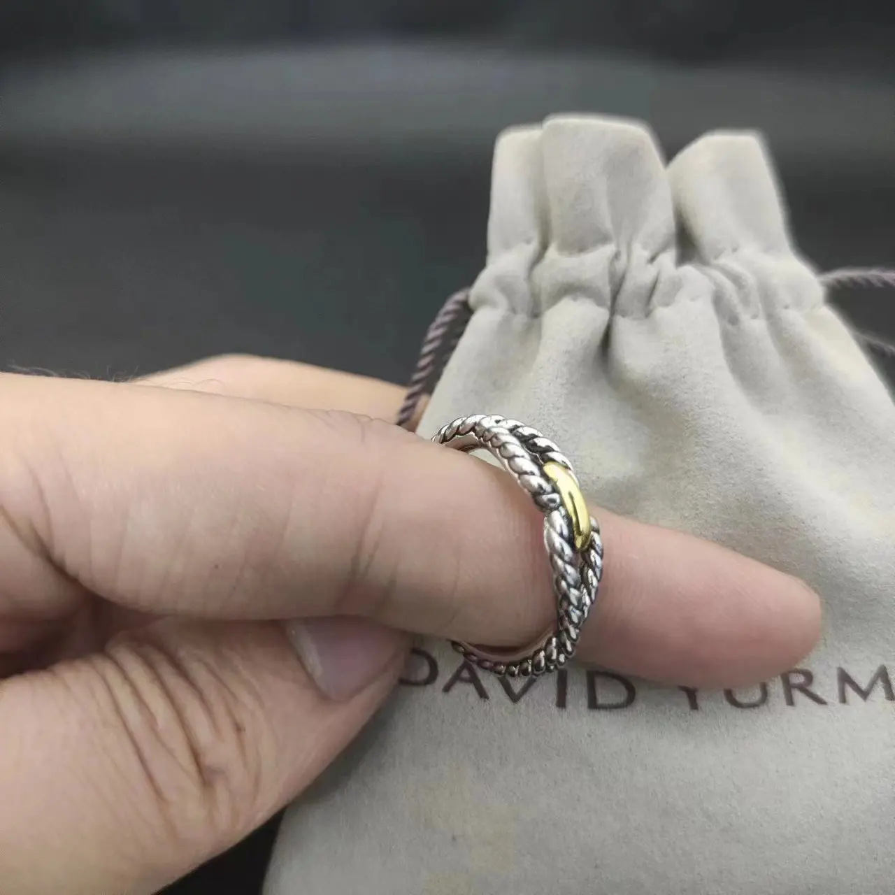 David Yurman Petite Twist Cable  Buckle Ring in Silver 925 Plated 18K Yellow Gold with Pavé Diamonds