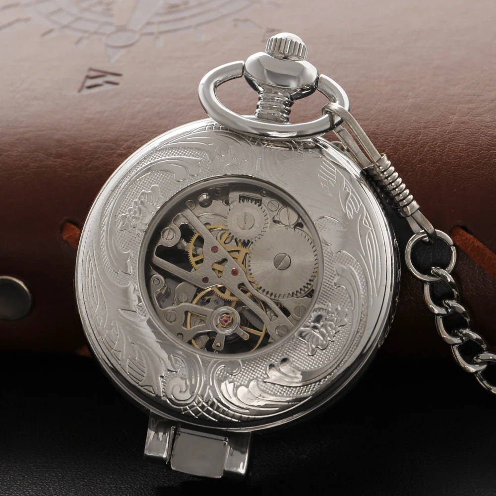 Transparent Case Silver Single Sided Mechanical Pocket Watch Men's Necklace Pendant Clock Retro Gentleman Accessories