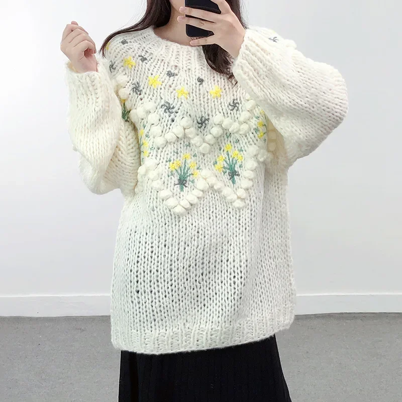 Весенне-осенний новый пуловер с цветочной вышивкой женский свободный крой