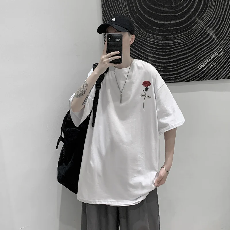 

Hybskr Rose Printed Summer Men's Tshirts Streetwear Men Oversized T shirt 2022 Harajuku Man Casual Short Sleeve Tees Tops