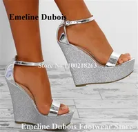 Bling Bling Glitters Wedge Sandals Emeline Dubois Silver High Platform Sequined Wedges Ankle Straps High Heels Party Dress Shoes