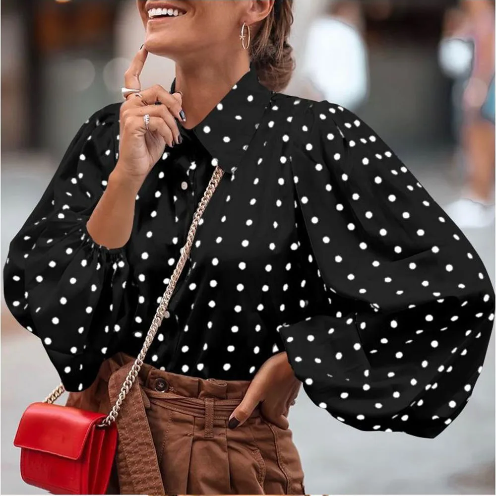 

Casual Loose Polka Dot Shirt Blouse Woman Autumn Fashion Lantern Sleeve Print Shirts Tops 2021 Elegant White Office Top Femme