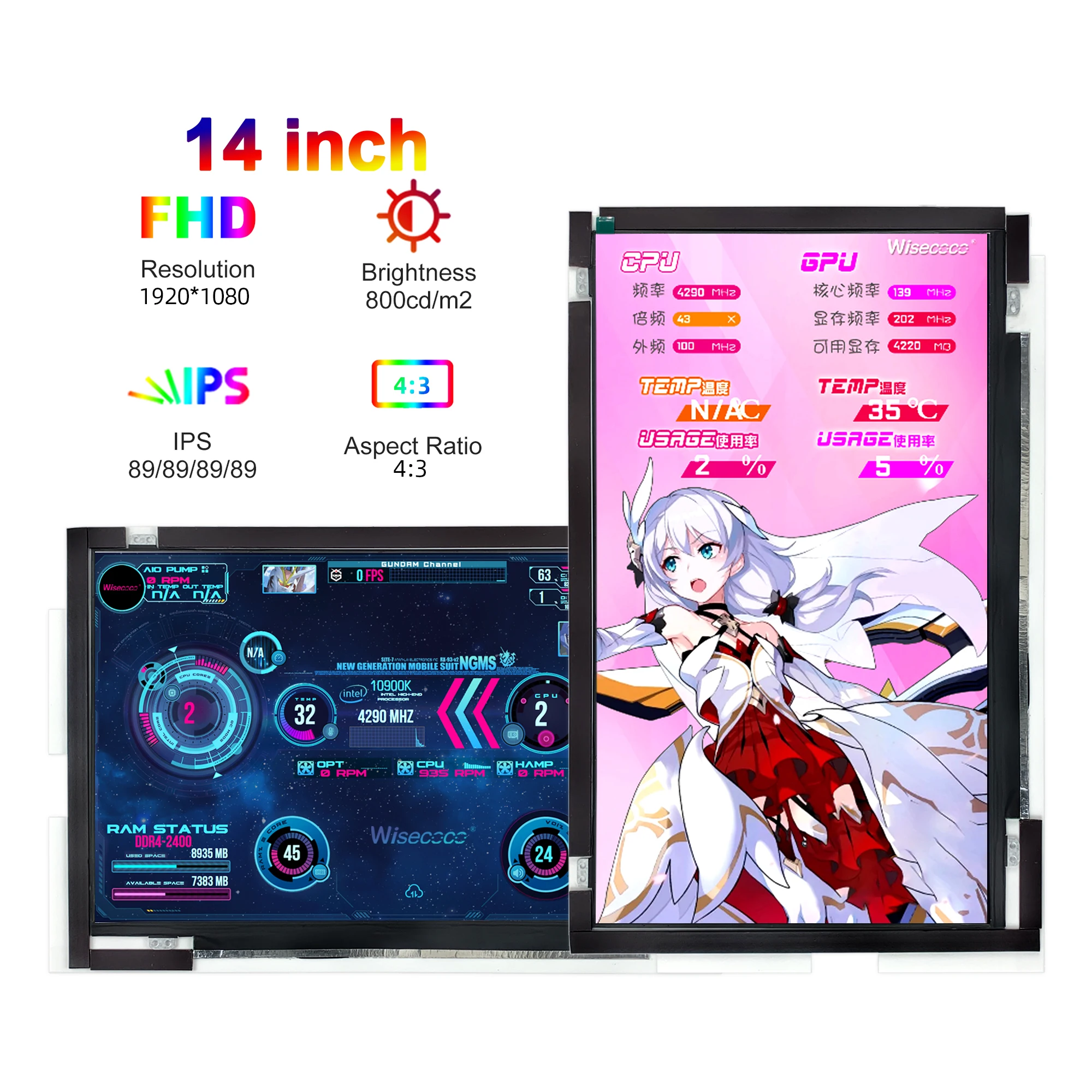 Портативный дисплей Wisecoco 14 дюймов 1920*1080 2K HD игровой вторичный мониторинг