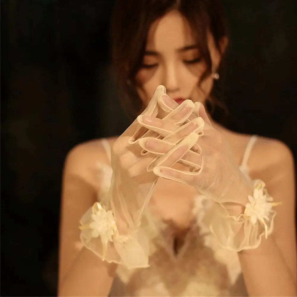 

Fashion Bride Lace Pearl Chiffon Long Gloves Women White Gloves Sunscreen Driving Gloves Marriage Party Accessories