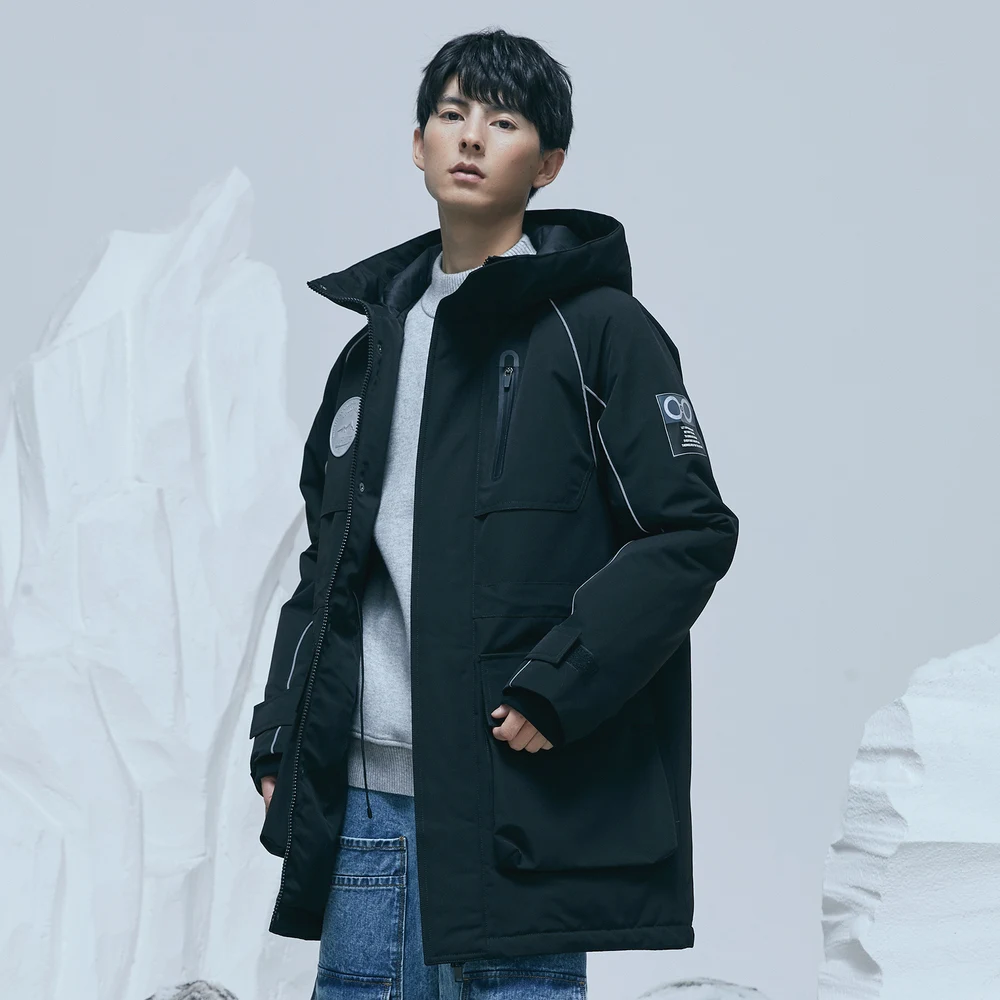 Metersbonwe Long Down Jacket Winter Men Fur Collar Hooded Thick Winter Down Coat  Reflective Stripe Pocket Red Outerwear Warm