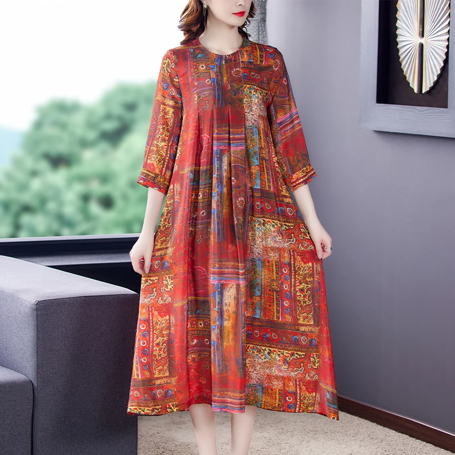 

Chikichi Dresses Women 2022 New Middle-aged Summer Dress Loose and Elegant Printed Floral Skirt Short Sleeves Dresses for Party
