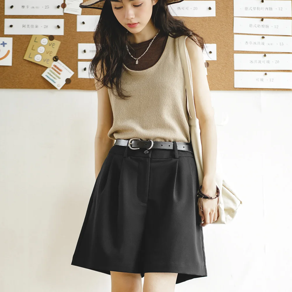 Madden Women's American Retro Pleated Capris Summer Casual Versatile Shorts A-line Mid Waist Slim Wide Leg Pants