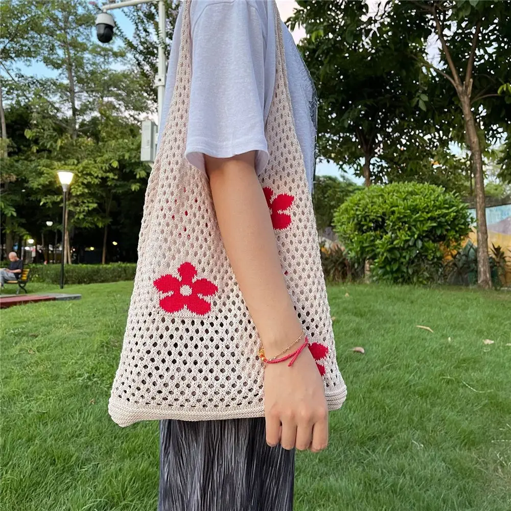 

Женская летняя сумка с цветами, вязаная сумка через плечо, вместительная сумка-тоут для покупок, простая плетеная ажурная сетчатая пляжная ...