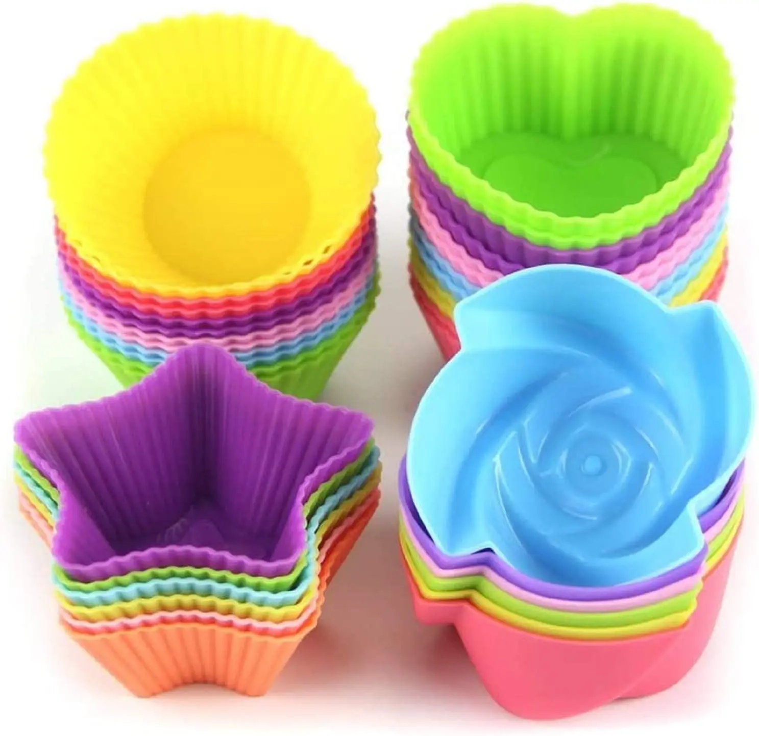 

24pc Silicone Cupcake Liners Reusable Baking Cups Nonstick Easy Clean Pastry Muffin Molds 4 Shapes Round, Stars, Heart, Flowers