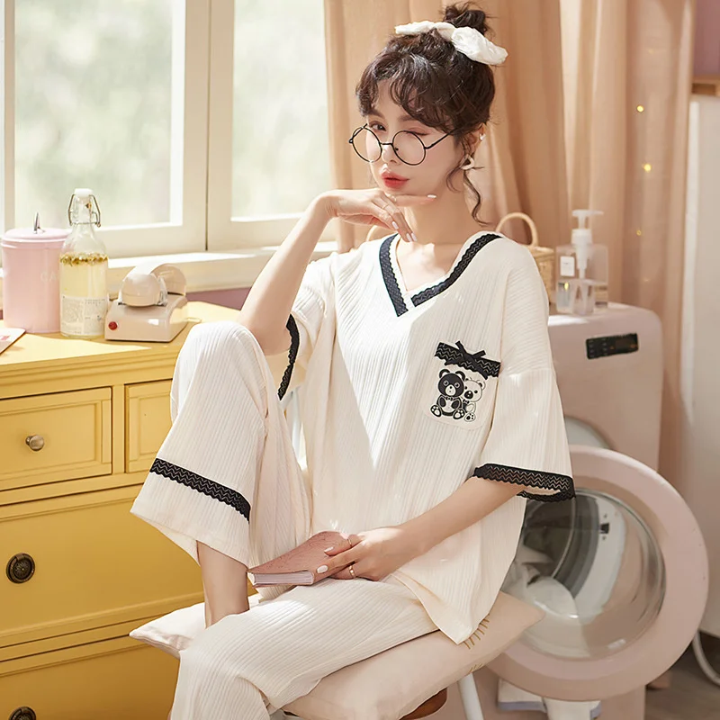 Pajamas Women's Summer Short Sleeved Trousers Two-piece Set of Pure Cotton Lovely Sweet Casual Home Clothes