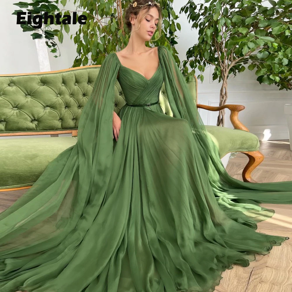 

Eightale Arabic Evening Dresses for Wedding Party Forest Green V-Neck Cap Sleeves Formal Celebrity Prom Gowns