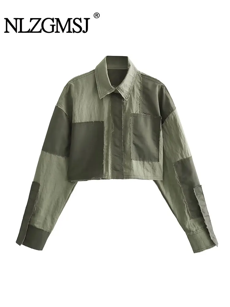 

Винтажные Лоскутные укороченные рубашки Nlzgmsj TRAF 2023, женские повседневные рубашки с карманами, женские блузки на пуговицах, шикарные топы