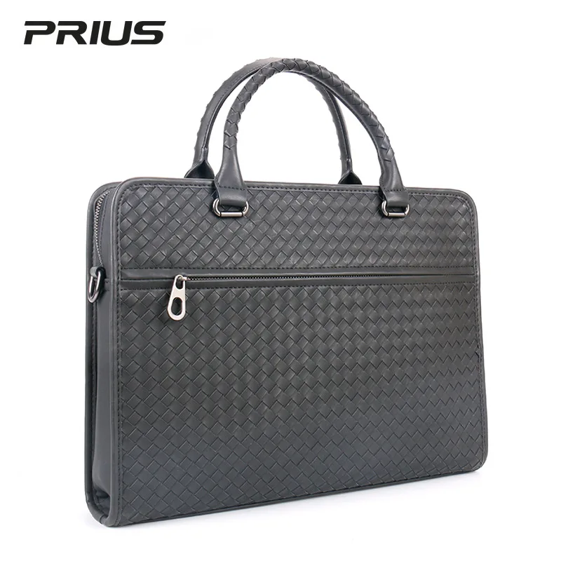 Men's luxury brand business briefcase high-capacity high-grade leather woven classic one shoulder handbag 14 inch computer bag