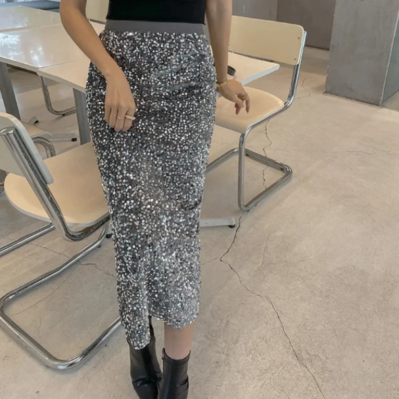 Treutoyeu Sequins Black Skirts for Women Autumn Winter 2023 Korean Style High Waist Long Skirt Office Ladies Elegant Skirts Treutoyeu Sequins Black Skirts for Women Autumn Winter 2023 Korean Style High Waist Long Skirt Office Ladies Elegant Skirts