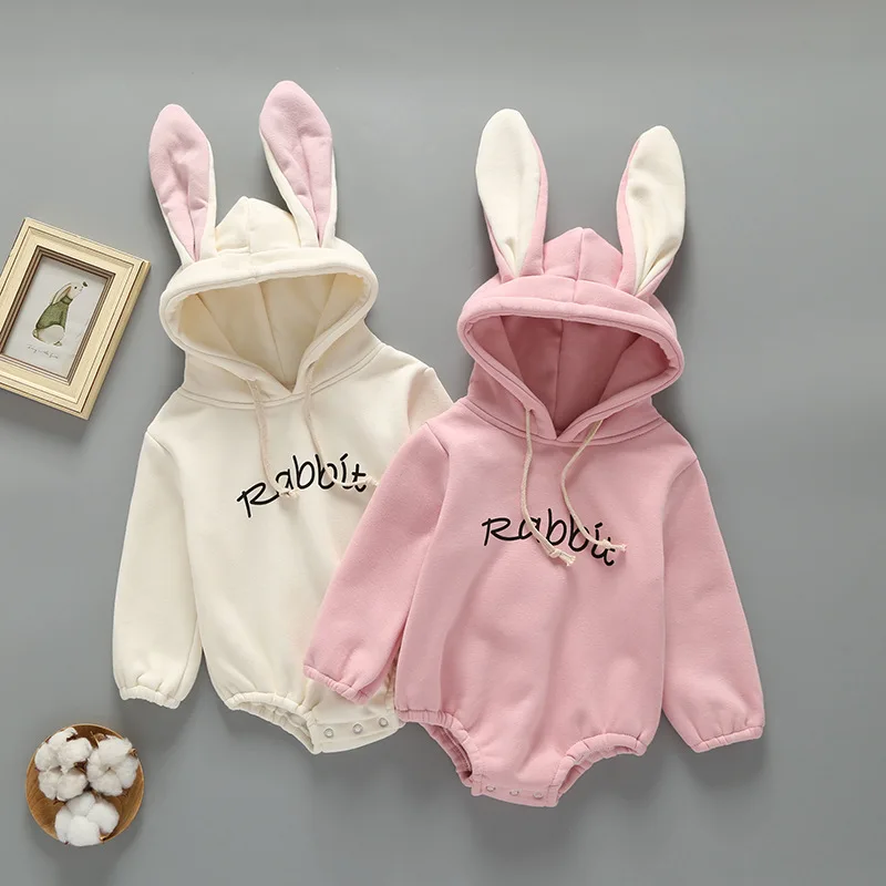 

New Autumn Winter Newborn Infant Baby Romper Baby Girls Boys Rabbit's Ears Hooded Romper Baby Add Wool Upset Jumpsuit Clothes