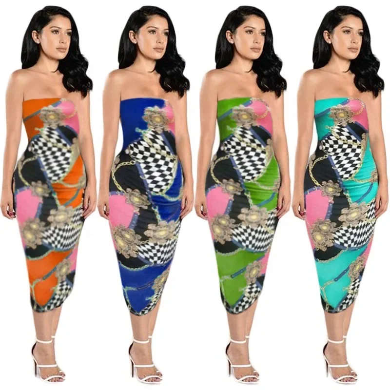 Сексуальный принт без бретелек летние платья средней длины женская одежда оптом