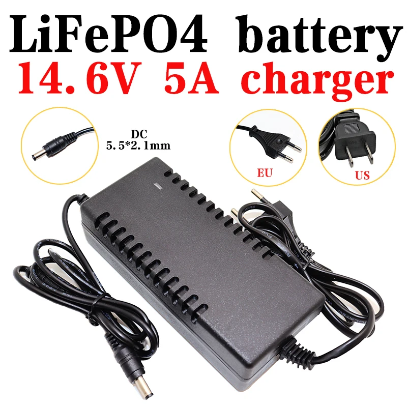 

14.6V 5A LiFePO4 charger 4S 3.2V 12.8V Lifepo4 battery pack charger DC5.5*2.1mm plug Smart power off AC 100-240V EU/US plug