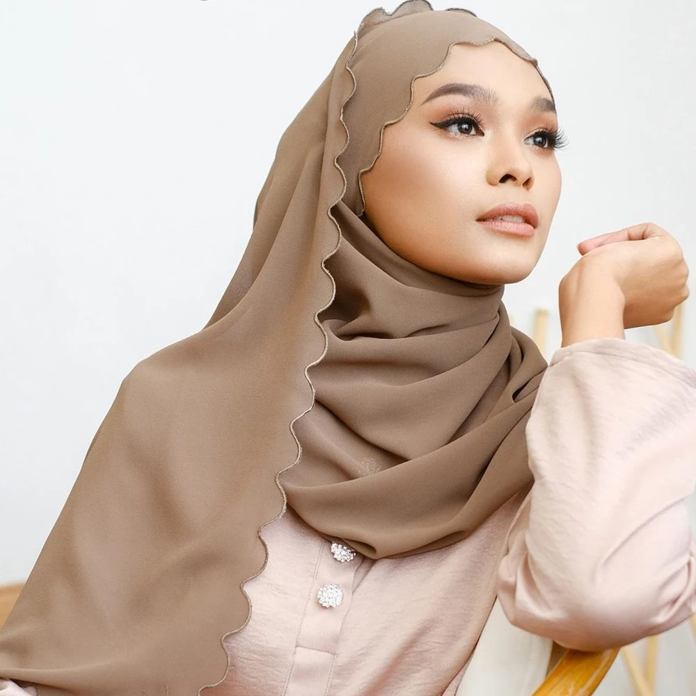 Lace Plain Chiffon Hijabs With Embroidery Muslim Headband Headscarf Female Islamic Head Cover Wrap For Women Modest Turbans