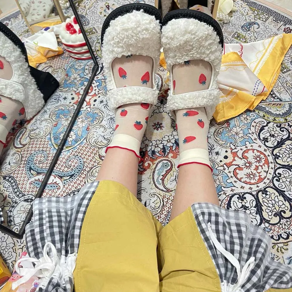 

Cute Transparent Ruffles College Style Strawberry Japanese Women Hosiery Tube Socks Lolita Socks Cartoon