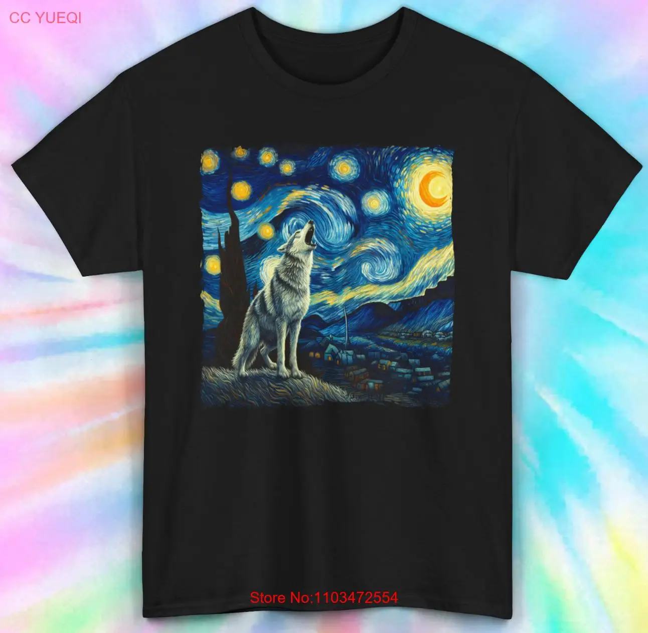 Футболка с изображением волка в стиле звездной ночи | Рисунок Ван Гога карикатура