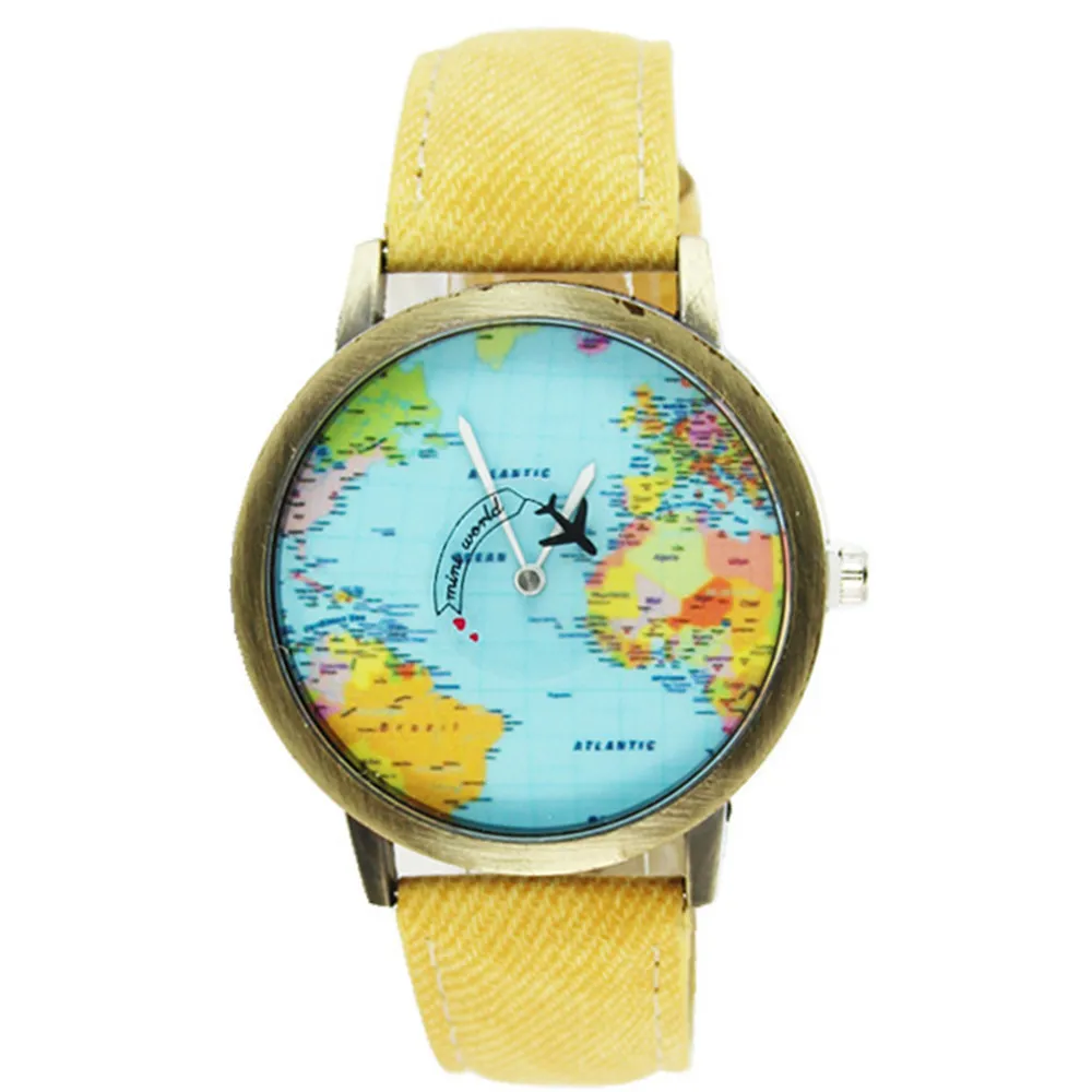 Часы женские из джинсовой ткани с принтом в виде карты самолета