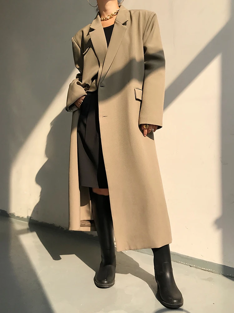 Модный Женский Тренч с отворотом свободное однобортное пальто длинным рукавом