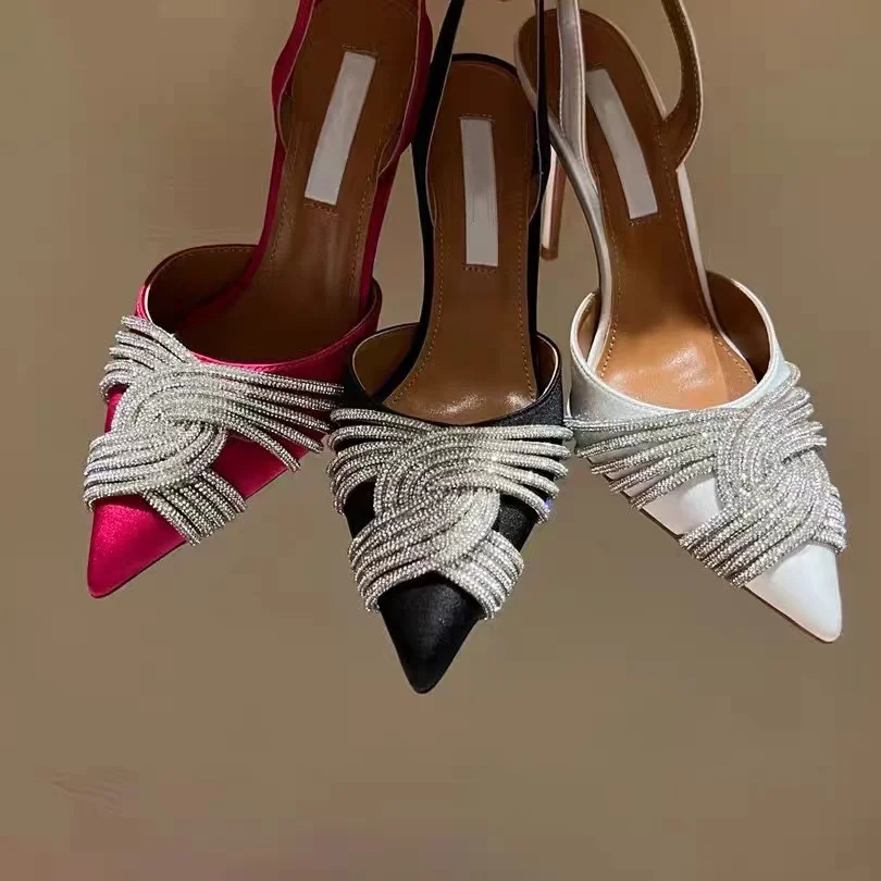 

Summer 2022 European and American Super High Heel Sandals With Pointed Toe Silk Rhinestones With Roman Back Strap