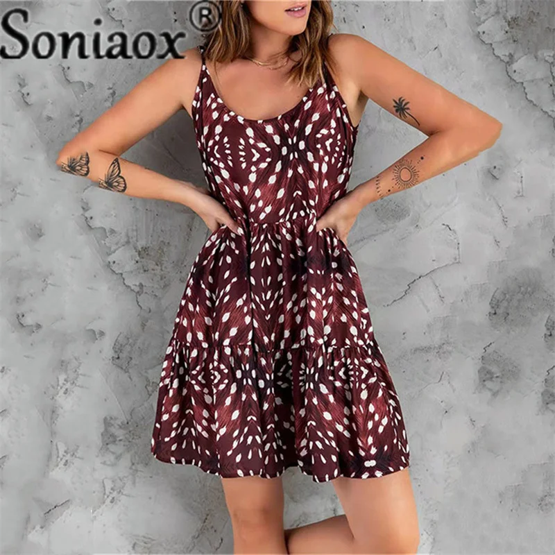 Купи Women Loose Beach Dress Summer Boho Sleeveless Floral Printed Big Swing Dresses Sexy Casual Spaghetti Strap Mini Dress за 541 рублей в магазине AliExpress