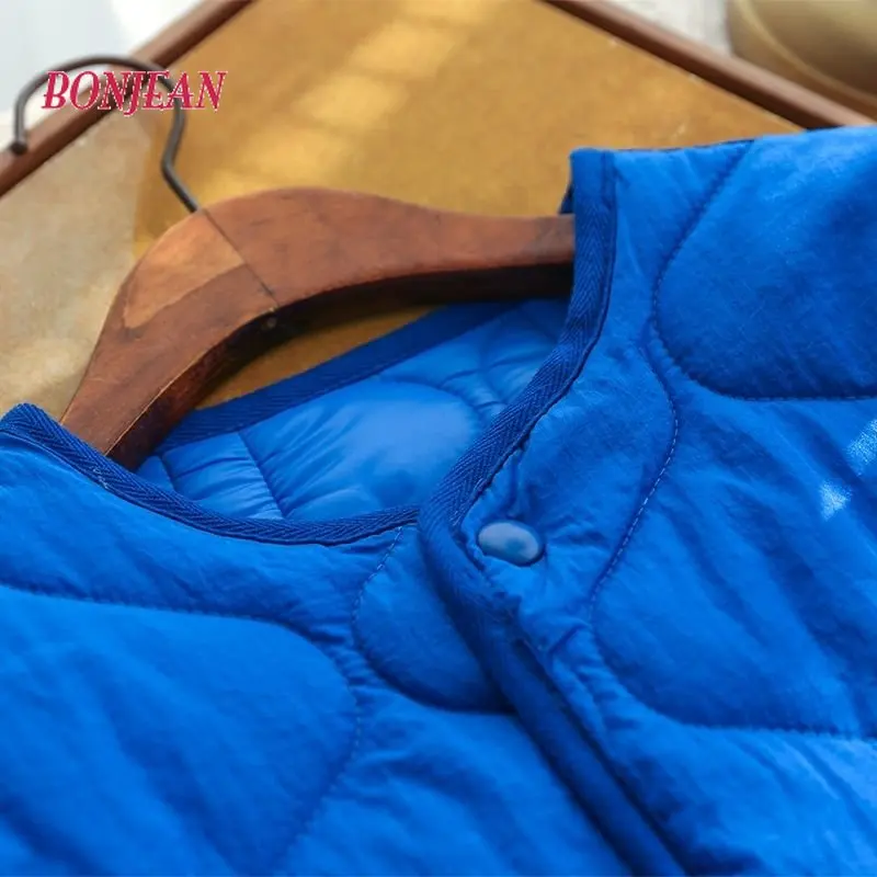 2022 Winter Fashion Rhombus Button Blue Parka Suit Loose Causal Warm Cotton Long Sleeve Parka Jakcet O Neck Parkas Korean Style