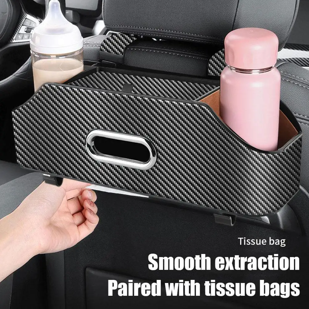 

Car Back Seat Multifunctional Storage Box Carbon Fiber Leather Tissue Box With Hook Auto Back Seat Bag Organizer Phone Holder